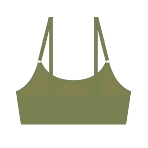 Detail view of thin adjustable straps and olive green seamless fabric on the bra