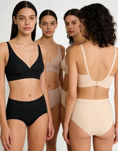 Detail of seamless V-neck bras and high-waist panties in multiple matte earth tones