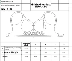 Detailed size guide table for backless gathered bra showing measurements in centimeters