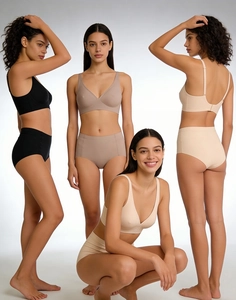 Detailed views of seamless wireless bras and high-waisted briefs in multiple colors and poses