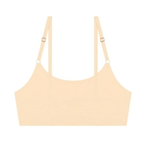 Detailed close-up of adjustable thin straps and metal buckles on a seamless beige bralette