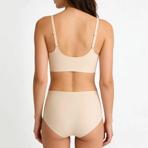 Seamless nude beige bra and high waist panty set with adjustable thin straps