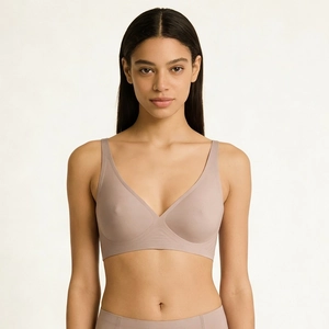 Front view of seamless wireless bra in dusty rose with wide straps and V-neckline