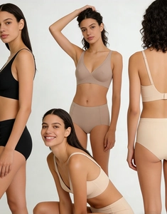 Seamless V-neck wireless bra and high-waist panties set in neutral tones for women