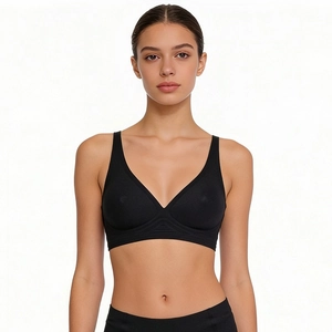 Close-up of seamless black deep V-neck bralette with comfortable wide shoulder straps