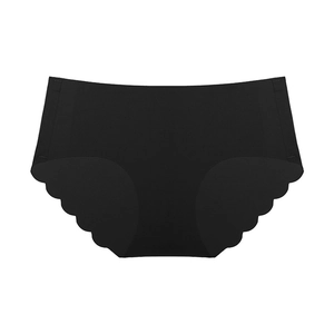 Detail shot of black seamless panties with wavy laser-cut edges and wide high waistband