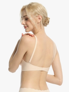 Seamless backless bra and wavy-edge panty set in beige with adjustable thin straps