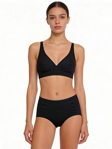 Front view of black seamless V-neck bra and high waist panties set on white background