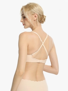 Detail of nude seamless bra with cross-back straps and matching scalloped edges panties