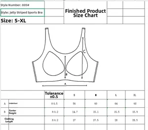 Size chart for seamless sports bra with detailed measurements for S M L and XL sizes