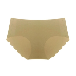 Detailed close-up of seamless beige underwear with wave edge cut on white background