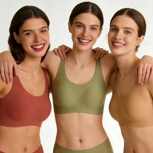 Seamless sports bras in brick red, olive green and beige with soft support U-back