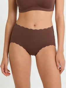 Close-up of seamless high waist panties with scalloped edges and silky elastic fabric