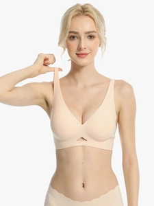 Detail of skin-colored seamless bra featuring deep V-neck and teardrop hollow design