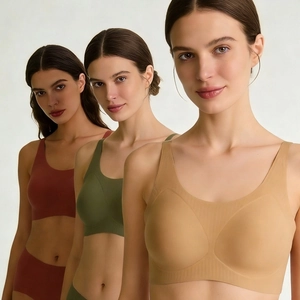 Three-piece seamless jelly-strip nursing bras in red, olive green and skin tones