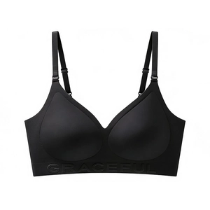 Detail of black seamless wireless bra featuring GRACEFUL embossed lettering on the band