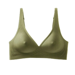 Close-up of olive green seamless wire-free bra featuring unique bionic nipple design detail