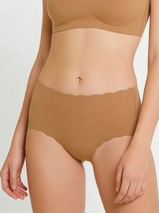 Detail of high waist seamless coffee brown panties with laser-cut wavy edges
