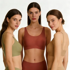 Seamless low-back U-neck sports bras in olive green, rust red, and beige colors
