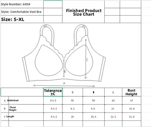 Detailed size chart for seamless V-neck bra showing measurements for S to XL sizes