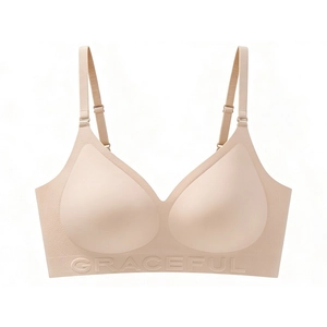 Detail of seamless wireless bra with adjustable straps and graceful embossed logo