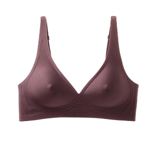 Detail of dark chocolate seamless wireless bra with V-neckline and wide comfort straps
