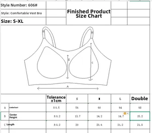 Size chart detail for seamless U-neck wireless bra showing measurements from S to XL