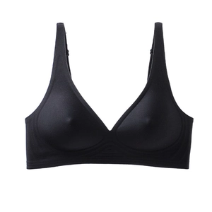 Detail view of the black seamless V-neck bra showing soft wavy support band and thin straps