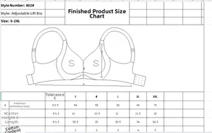 Size chart table for wireless thin cup bras showing measurements from S to XXL