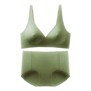 Detailed view of seamless olive green lingerie set with soft support bra and high waist panty