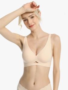 Nude seamless deep V-neck wireless bra set with thin straps and cutout detail