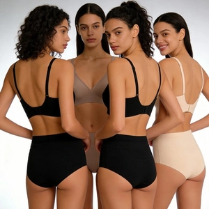 Seamless soft support bra and panty set for women in black and nude skin tones
