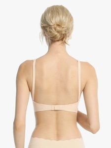 Detail view of seamless wire-free bra back closure and wavy edge panty set in beige