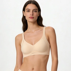 Detailed close-up of seamless nude bra with wide straps and smooth support fabric