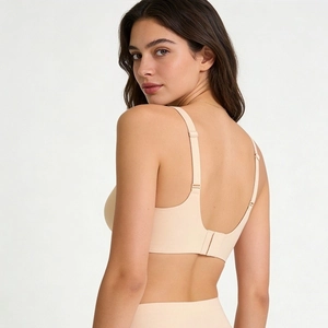 U-shaped back design of seamless nude bra with smooth fabric and adjustable straps