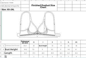 Detailed size chart for deep V seamless bra with measurement guide for XS to XXL sizes