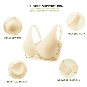 Detail showing 3D jelly soft support, seamless wavy edges and 4-row back closure of the bra