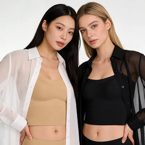 Seamless backless bras with padding for women in beige and black colors shown on models