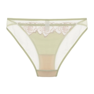 Dettaglio slip in mesh verde chiaro con delicato ricamo floreale di rose rosa