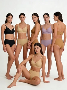 Detail of seamless wavy edge bra sets in multiple colors with soft elastic texture