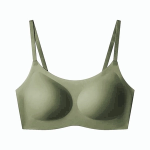 Green seamless U-neck wireless bra with adjustable straps and thin breathable cups