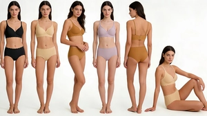 Detail of seamless wave edge bra set in four colors with smooth jelly strip support