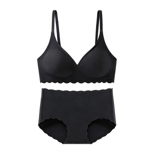Detail of black seamless lingerie set with scalloped edges and soft wire-free support