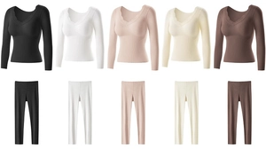 V-neck thermal underwear set with delicate lace trim and ribbed texture in multiple colors