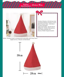 Spécifications détaillées de la taille du bonnet de Noël en velours rouge 28x38cm