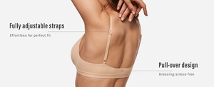 Detail view of the fully adjustable straps on a seamless nude wireless bralette