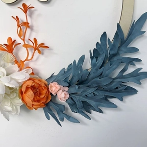 Artificial hydrangea wooden wreath with orange peonies and white carnations for door decor