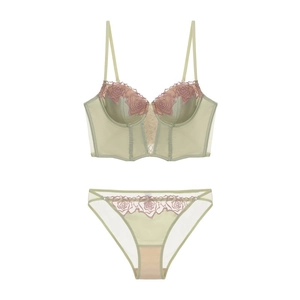 Completo intimo a corsetto in raso con ricamo floreale e supporto a stecche