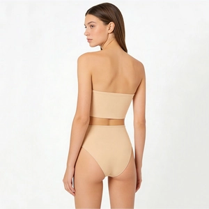 Beige strapless bandeau and high-waist panty set in seamless high-stretch fabric