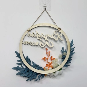 Ramadan Kareem wooden wreath with white hydrangea and blue leaves for front door decor